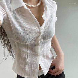 Women's Blouses See Through White Short Sleeve Blouse 2023 Summer Women Fashion Turn-down Collar Top Y2k Sexy Cropped Button Up Shirt