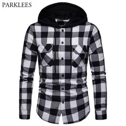 Black White Plaid Hooded Shirt Men Slim Fit Long Sleeve Men Hoodie Shirt Hipster Streetwear Shirts With Double Pockets 210522331E