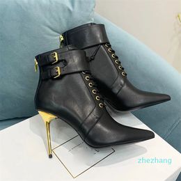 2023-New black Calfskin pointed toe Stiletto Buckle Ankle boots Lace-Up Ankle zip Boots 10.5cm women' luxury designer Dress Evening Fashion Size 35-41
