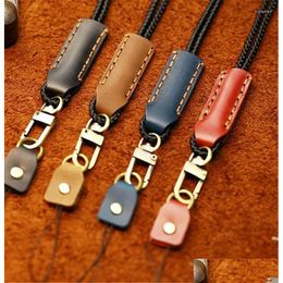 Cell Phone Straps & Charms Handmade Leather Lanyard For Key Antilost Keychain Mobile Phone Accessories Credential Holder Strap4850173 Ot5Fr