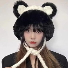 Berets Winter Cute Bear Ears Contrasting Colour Knitted Bomber Cap Korean Version Thickened Warm Outdoor Travel Fashion Women's Hats