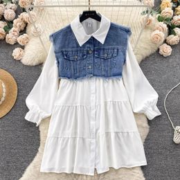 Work Dresses Two Piece Sweet French Chic Turn-down Collar Long Puff Sleeve O-neck Lapel Single Sleeveless Denim Vestes Drop