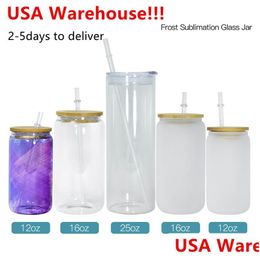 Wine Glasses Local Warehouse 16Oz Sublimation Glass Can Double Wall Snow Globe Fosted Clear Drinking With Bamboo Lid And Sts Us Drop D Dhvef