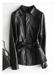Women's Leather 2023 Genuine Jacket Women Fashion Brand Elegant Streetwear Casual Black Slim Sheepskin Coat With Belt KQN29103