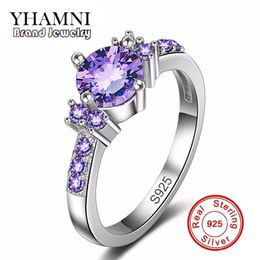 YHAMNI Real 925 Silver Ring Purple Crystal Jewellery CZ Diamond Engagement Bague Bijoux Luxury Accessories Wedding Rings For Women R3390