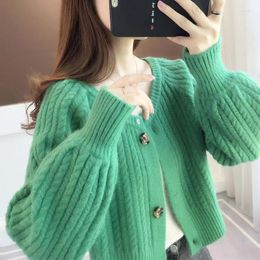 Women's Knits Green Knitted Cardigans Sweater Fashion Autumn Long Sleeve Loose Coat Casual Cloth Button Short V Neck Tops Clothes For Women