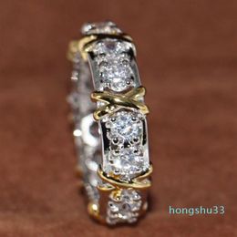 Whole Professional Eternity Diamonique Diamond 10KT White&Yellow Gold Filled Wedding Band Cross Ring Size 5-11277f
