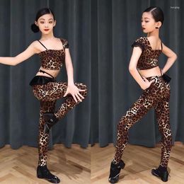 Stage Wear Kids Competition Dance Clothes Girls Leopard Latin Top Pants Child Rumba Samba Chacha Costume SL8826