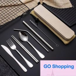 Fashion Stainless Steel Flatware Set Portable Cutlery Set For Outdoor Travel Picnic Dinnerware Set Metal Straw With Box And Bag Kitchen Utensil