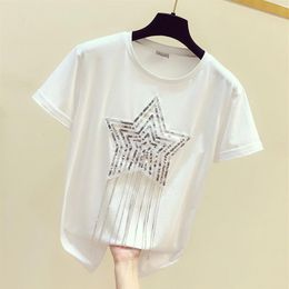 Solid Sequins Diamonds O-Neck Tshirt 2019 New Summer Office Lady Cotton Top Clothes Shirt Camiseta Mujer Black White T95107L CX200200O