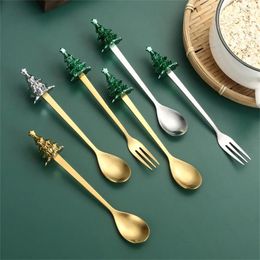 Dinnerware Sets 6pcs Christmas Spoon Fork Set Creative Light Luxury Tree Tableware Short Handle Cake Dessert Mug Mixing