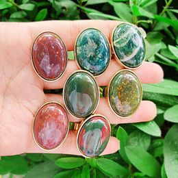 Cluster Rings Say 1PC Alloy Oval Inlaid Semi Precious Gemstones Stones Natural Bloodstone Tumblestones Cuff Ring Ladies Banquet Gift Jewellery