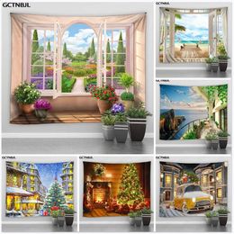 Christmas Decorations Imitation Window Landscape Tapestry Wall Hanging Park Flower Tree Ocean Printing Art Home Decor Scenery 231030