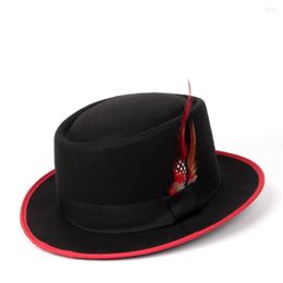 Berets Men Women Flat Wool Fedora Hat Pork Pie Red Feather Jazz Size 58CM
