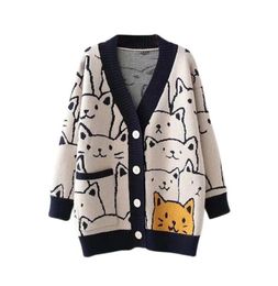 Women Button Down Knit Sweater V Neck Cartoon Cat Pattern Loose-fitting Cardigan for Autumn Winter Coffee/ Navy Blue