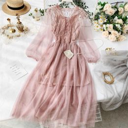 Casual Dresses 2022 Fashion Vintage Autumn Women Long Sleeve Lace Summer Two Piece Mesh Dress Party Clothings Vestidos WZ956