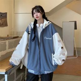 Womens Jackets Blue Print Casual Loose Jacket Baseball Jacket Hooded Womens Coat Womens Autumn Winter Coat Sports Style 220901