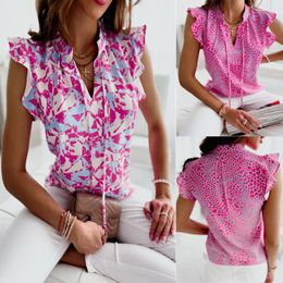 Women's Blouses Summer Tie Dye Blouse Women Sexy Lace-up V-Neck Ruffle Sleeve Print Pink Pullover Top Woman Office Wear Casual Loose