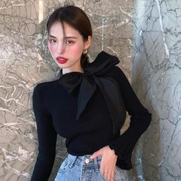 Women's Sweaters Women's Pullover Jumpers Slim Fit Bow Flare Sleeve Knitwear Top Wild Pull Femme Cropped Black Sweater Knitting Y2k