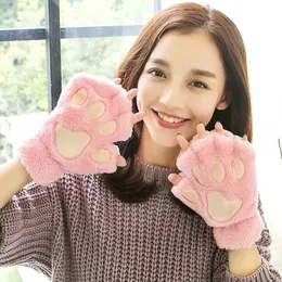 Cartoon Cat Claw Gloves for Women Girls Thickened Plush Lovely Style Bear Paw Exposed Fingers Half Finger Winter Warm Gloves