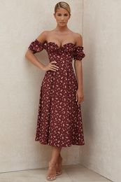 Casual Dresses 2022 Summer Women Print Dress Sexy Ruffled Off Shoulder Split Floral Celebrity Evening Mid Calf Party Bodycon