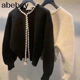 Womens Jackets Fashion Korean Pearls Cardigan Batwing Sleeve Wool Knit Vintage Coat High Quality Jacket AQ927 220901