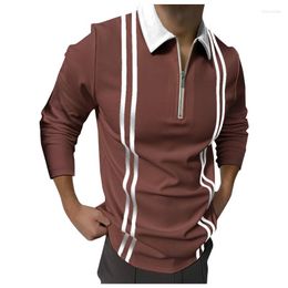 Men's Polos Men's Casual Top Shirt Splice Strip Zipper Turn-Down Collar Blouse Long Sleeve Pocket Black Shirts Men