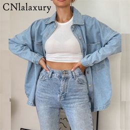 Womens Jackets CNlalaxury Spring Denim Shirt Coat Women Long Sleeve Pocket Cardigan Streetwear BF Jean Jacket Harajuku Cowboy Outwear Tops 220901