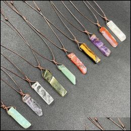Pendant Necklaces Irregar Long Slim Stripes Stone Pendant Braided Brown Rope Chain Healing Crystal Pendants Necklace For Women Gift J Dhdm8
