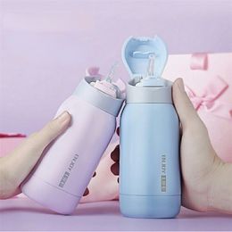 Water Bottles Childrens Thermal Straw Thermos For s Stainless Steel School 220830