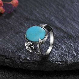 Cluster Rings Fashion Silver Sun Flower Finger Ring Natural 10 14mm Turquoise Women's Luxury Fine Jewellery Gift Retro Design