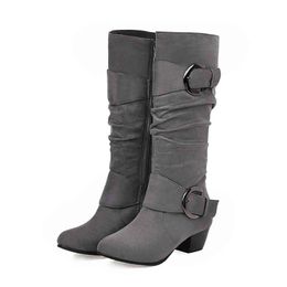 Boots Large women knee high boots buckle with zip Retro women's motorcycle thick fur warm winter snow botas mujer 220901