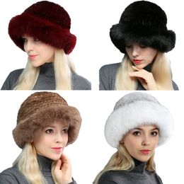 Women Real Mink Fur Princess Hats With Big Fox Fur Brim Winter Warm Cap Elegant