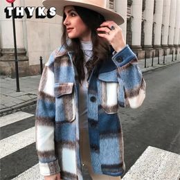 Womens Jackets Autumn Winter Plaid Jackets Wool Blend Coat Fashion Button Thick Vintage Casual Office Warm Overshirt Ladies Outwear Chic Tops 220901