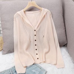 Women's Knits Women 2022 V-Neck Long Sleeves Single Breasted Hooded Ice Silk Knitting Sweater Female Casual Loose Solid Cardigans S409