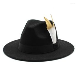 Berets 2022 Women Men's Feminino Felt Fedora Hat For Lady Winter Autumn Wool Big Brim Homburg Jazz Feather