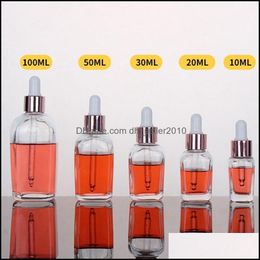 Storage Bottles Jars 10 To 100Ml Square Bottle Rose Gold Colour Cap Dropper Eliquid Bottles Makeup Glass Cosmetic Storage Tool Clear Dhpmd