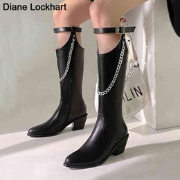 Boots Womens Pointed Toe Metal Chain Knee High Chunky Heel Riding Knight Shoes Belt Buckle Sexy Western Cowboy Long 220901