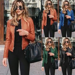 Womens Jackets Ladies pu leather jacket solid color zipper selfcultivation lapel punk short motorcycle jacketspring and autumn fashion 220901