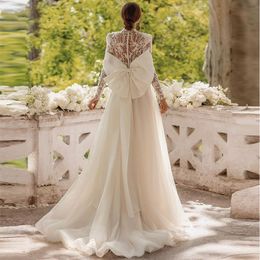 Wedding Dress A-Line Classic Lace Long Sleeves High Neck Bow Knot Appliques Sequins Beads Plus Size Sparkling Hollow Lace Ruffles Bridal Gowns Train robe custom made