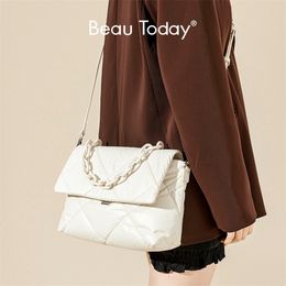 Evening Bags BeauToday Crossbody Women Cow Leather Feather Down Shoulder Chain Decor Elegant Female Light Padded Handmade 61011 220901