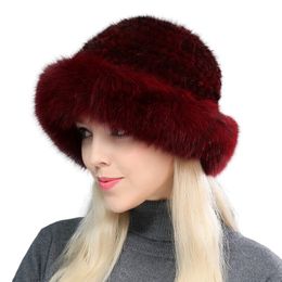 Genuine Mink Princess Women's Hat with Large Fox Fur Brim Winter Warm Hat Elegant