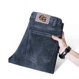 Jeans Gouoi Men's Autumn and Winter Style Korean Fashion Elastic Slim Fit Small Feet European High-end Brand PantsUXYV
