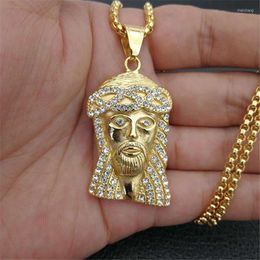 Pendant Necklaces Hip Hop Iced Out Bling Jesus Head Necklace Men Stainless Steel Gold Colour Piece Male Catholic Jewellery