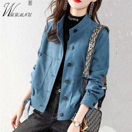 Womens Jackets StandUp Collar Corduroy Womens Jacket Spring Fashion Sashes Blue Veste Femme Office Lady SingleBreasted Cropped Coat 220901