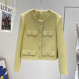 2022 Autumn Round Neck Tweed Panelled Jacket Yellow Solid Colour Long Sleeve Single-Breasted Buttons Jackets Coat Short Outwear 22G186250