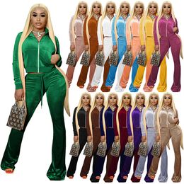 Fashion Solid Color Velvet Tracksuits For Womens Navel Cardigan Zipper Hooded Tops And Flared Pants Two Piece Sets HR8191