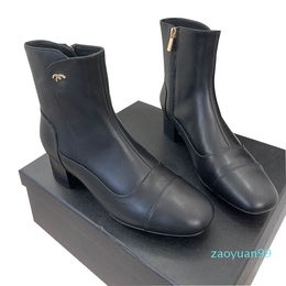 Damen-Stiefeletten mit klobigem niedrigem Absatz und Reißverschluss, Lammleder, Chelsea-Designer, luxuriös, quadratische Zehen, Western-Cowboy-Schnürstiefel, Combat