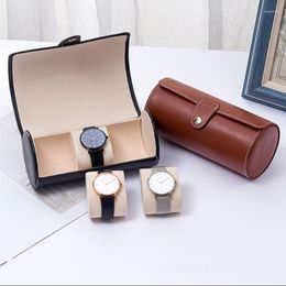 Watch Boxes 3 Booth Cylinder Travel Portable Storage Box Leather Jewellery Organiser Display Stand Gift Case Hasp Vintge Holder