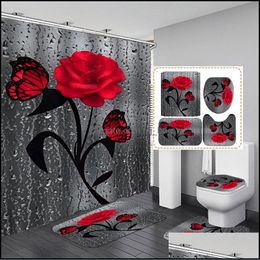 Bath Mats Floral Bath Mat And 180X180Cm Shower Curtain Set With Hooks Rugs Anti Skid Bathroom Carpet Toilet Foot Pad 1229 Drop Delive Dh6Oh